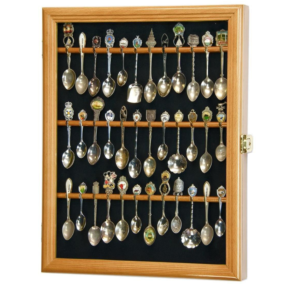 36 Souvenir Spoon Rack Display Case Cabinet UV Protection Oak Wood
