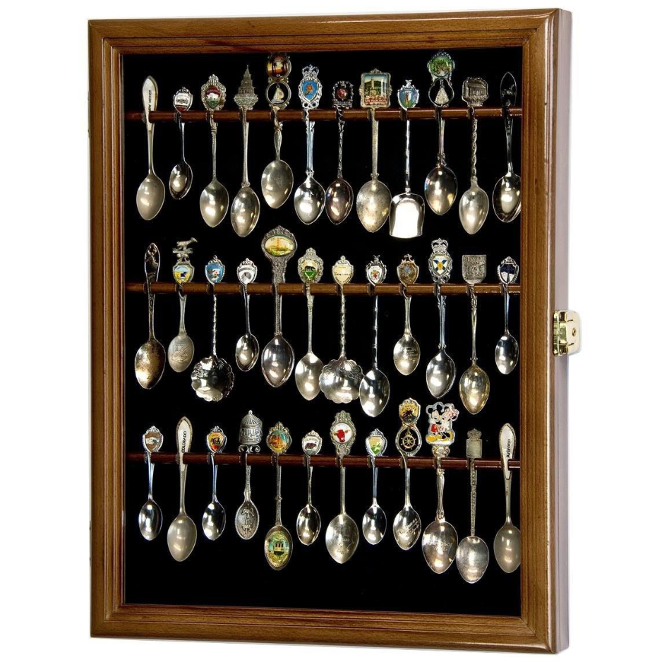 36 Souvenir Spoon Rack Display Case Cabinet UV Protection Walnut Wood