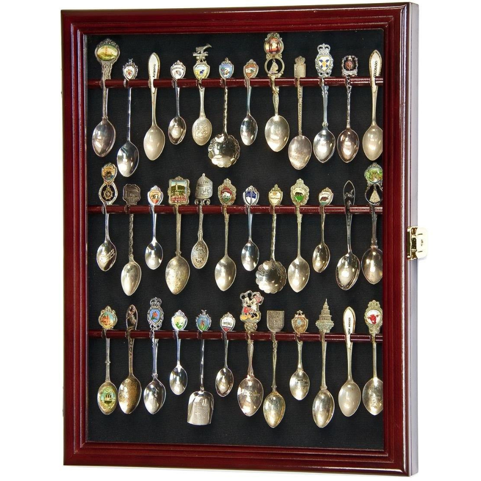 36 Souvenir Spoon Rack Display Case Cabinet UV Protection Cherry Wood