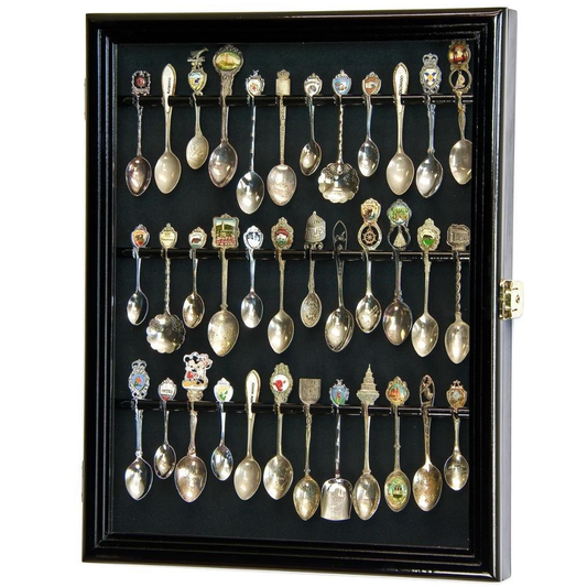 36 Souvenir Spoon Rack Display Case Cabinet UV Protection Black Wood