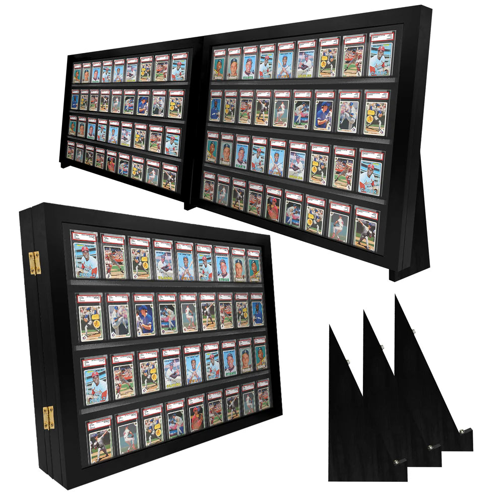 Three black display cases filled with trading cards on a white background