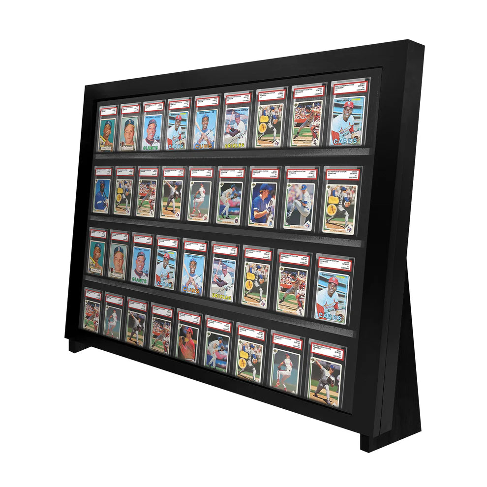 Sports card display case with dimensions and features highlighted, made in the USA.