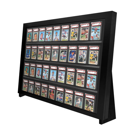 Sports card display case with dimensions and features highlighted, made in the USA.