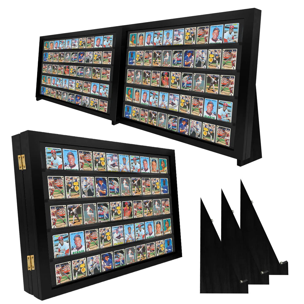 Black display case with multiple compartments for trading cards on a white background