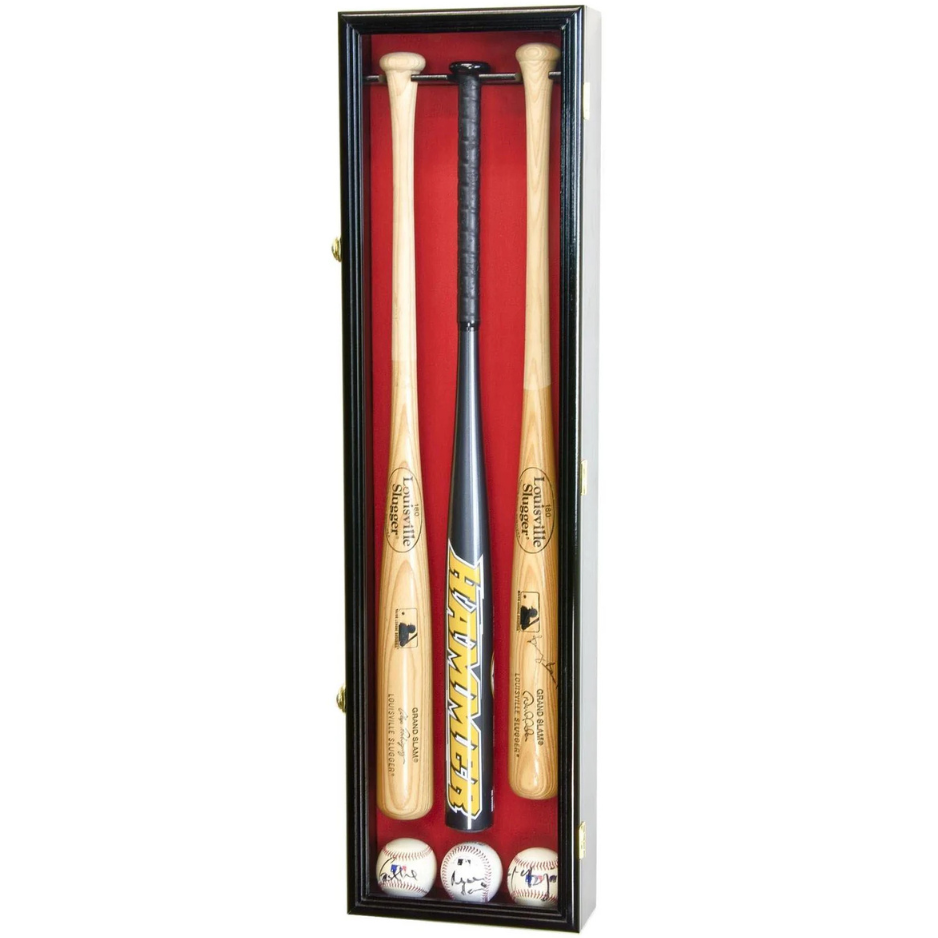 3 Baseball Bat Display Case Cabinet UV Protection Black Wood
