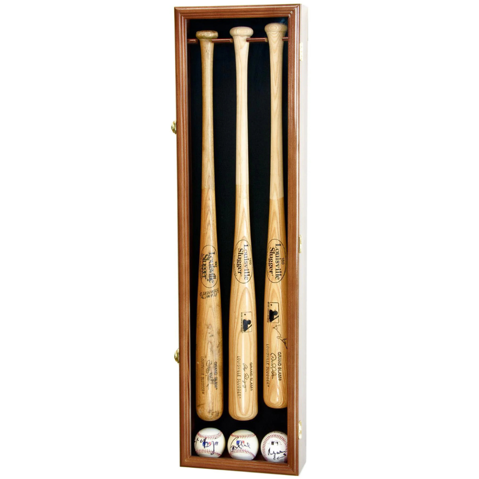 3 Baseball Bat Display Case Cabinet UV Protection Walnut Wood