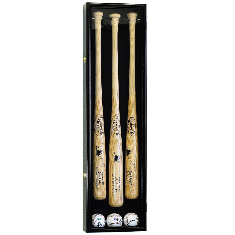 3 Baseball Bat Display Case Cabinet UV Protection Black Wood