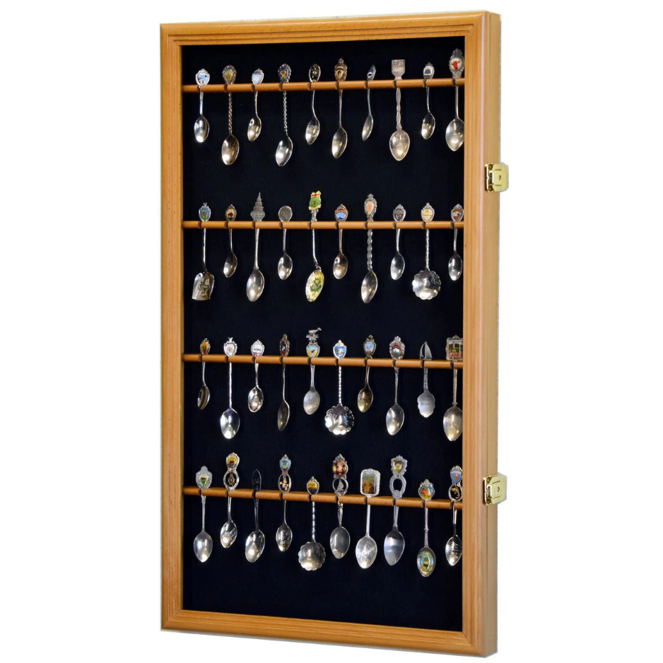 40 Larger Souvenir Spoon Rack Display Case Cabinet UV Protection Oak Wood