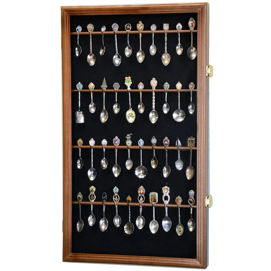 40 Larger Souvenir Spoon Rack Display Case Cabinet UV Protection Walnut Wood