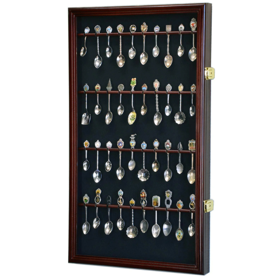 40 Larger Souvenir Spoon Rack Display Case Cabinet UV Protection Cherry Wood