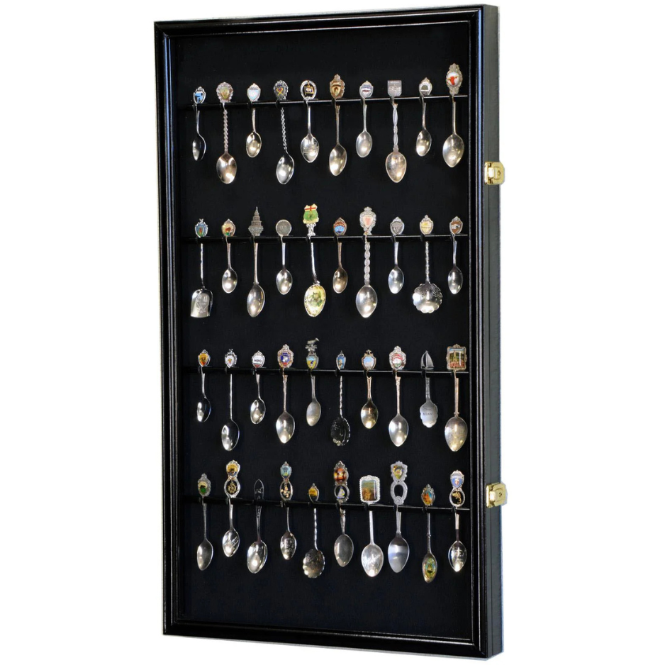 40 Larger Souvenir Spoon Rack Display Case Cabinet UV Protection Black Wood