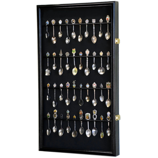 40 Larger Souvenir Spoon Rack Display Case Cabinet UV Protection Black Wood