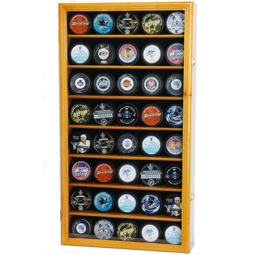 Oak 40 Hockey Puck Display Case Holder Cabinet UV Protection