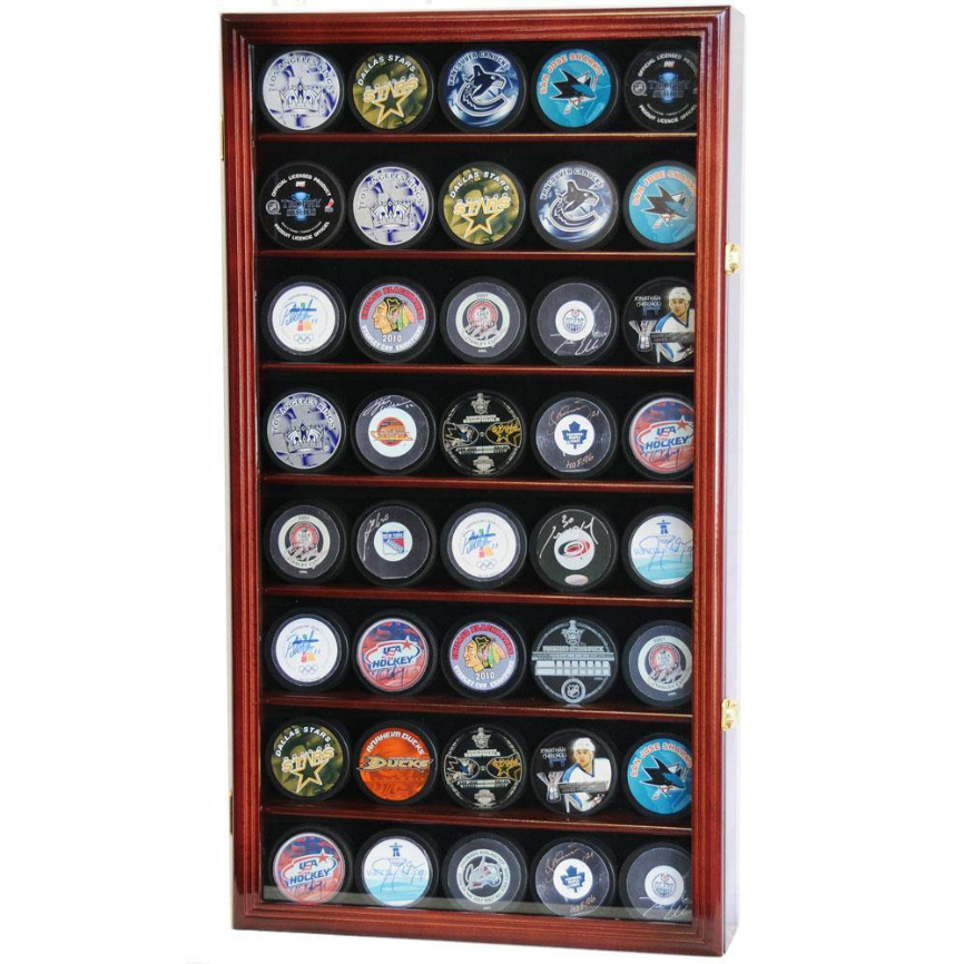 Cherry 40 Hockey Puck Display Case Holder Cabinet UV Protection