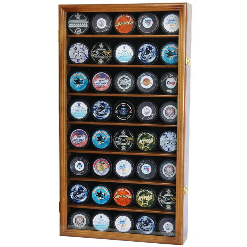 Walnut 40 Hockey Puck Display Case Holder Cabinet UV Protection