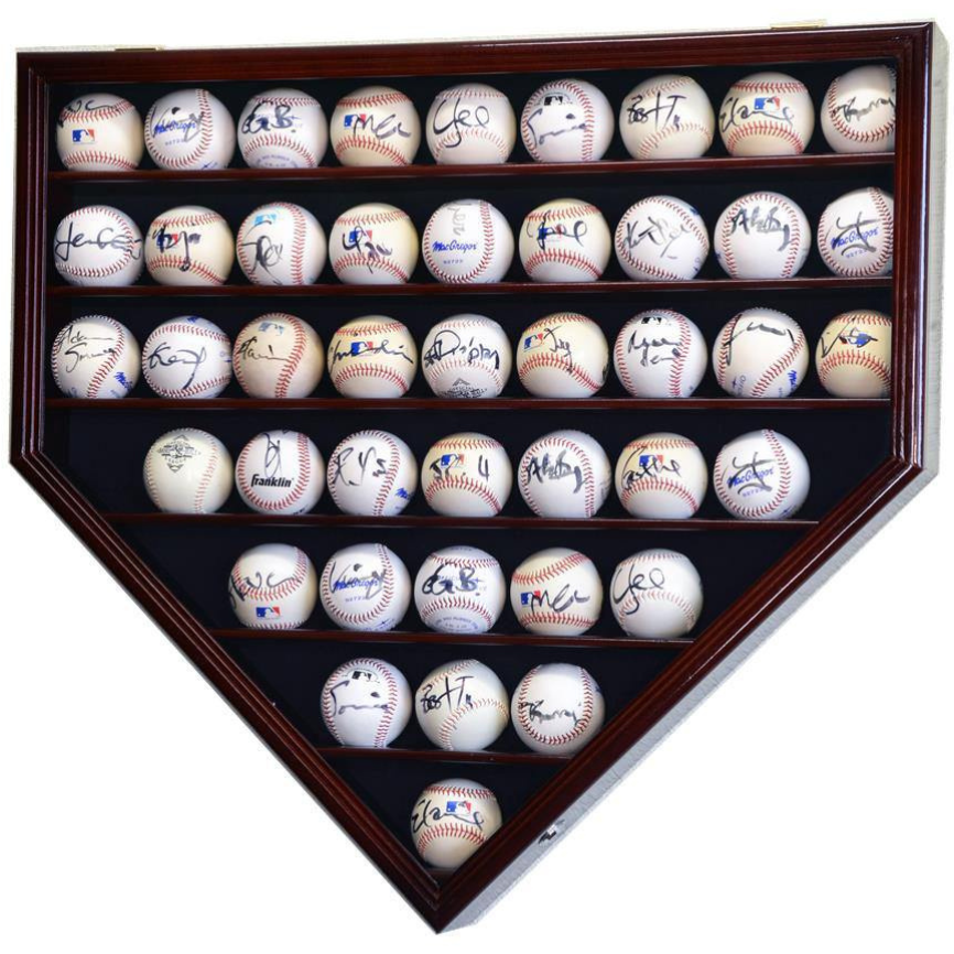 Cherry baseball display case holder with UV Protection. Holds 43 autographed baseballs arranged in a home plate shape.