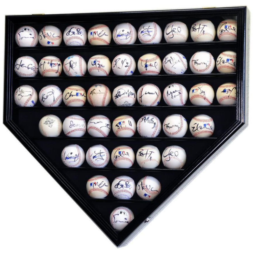 Black baseball display case holder with UV Protection. Holds 43 autographed baseballs arranged in a home plate shape.