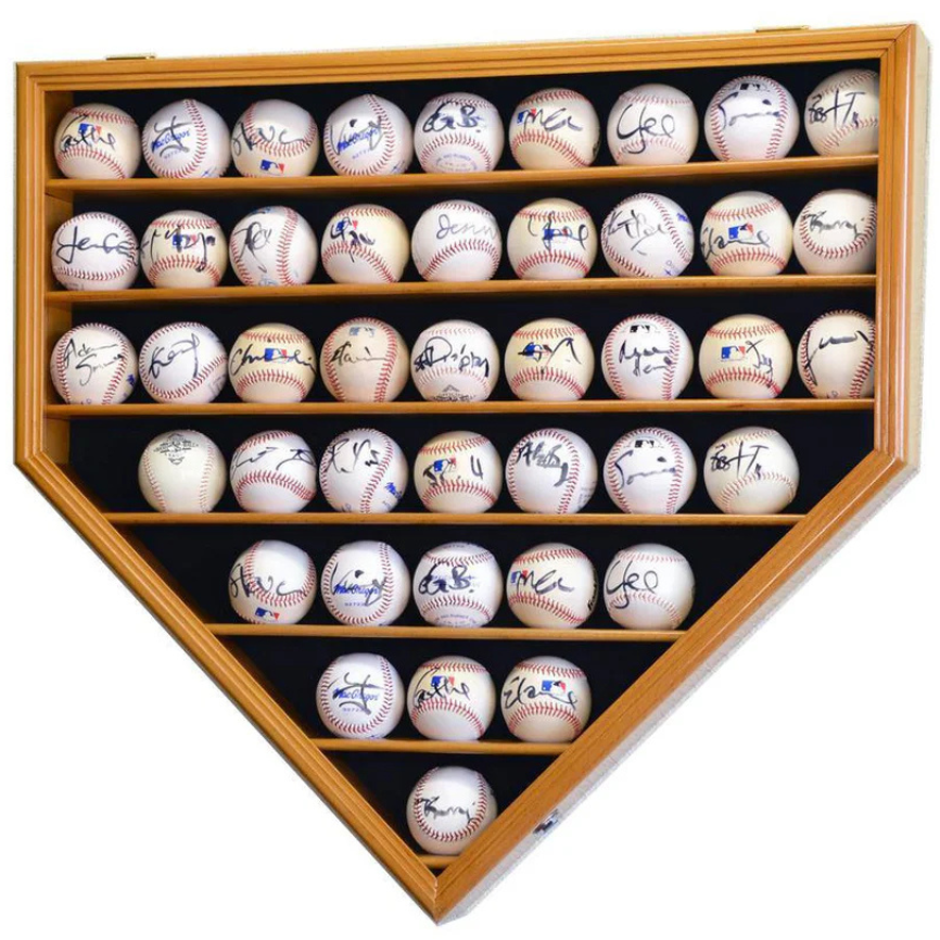 Oak baseball display case holder with UV Protection. Holds 43 autographed baseballs arranged in a home plate shape.