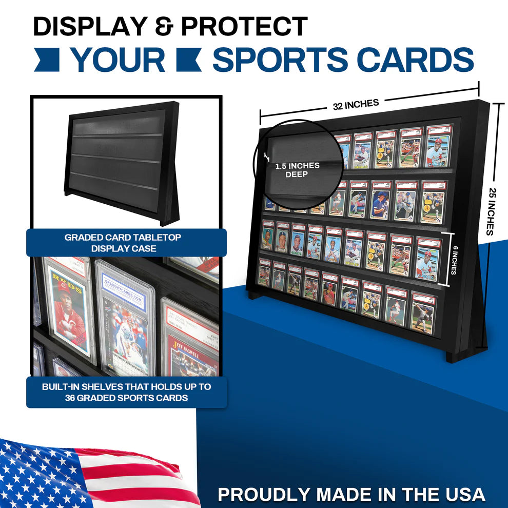 Sports card display case with dimensions and features highlighted, made in the USA.