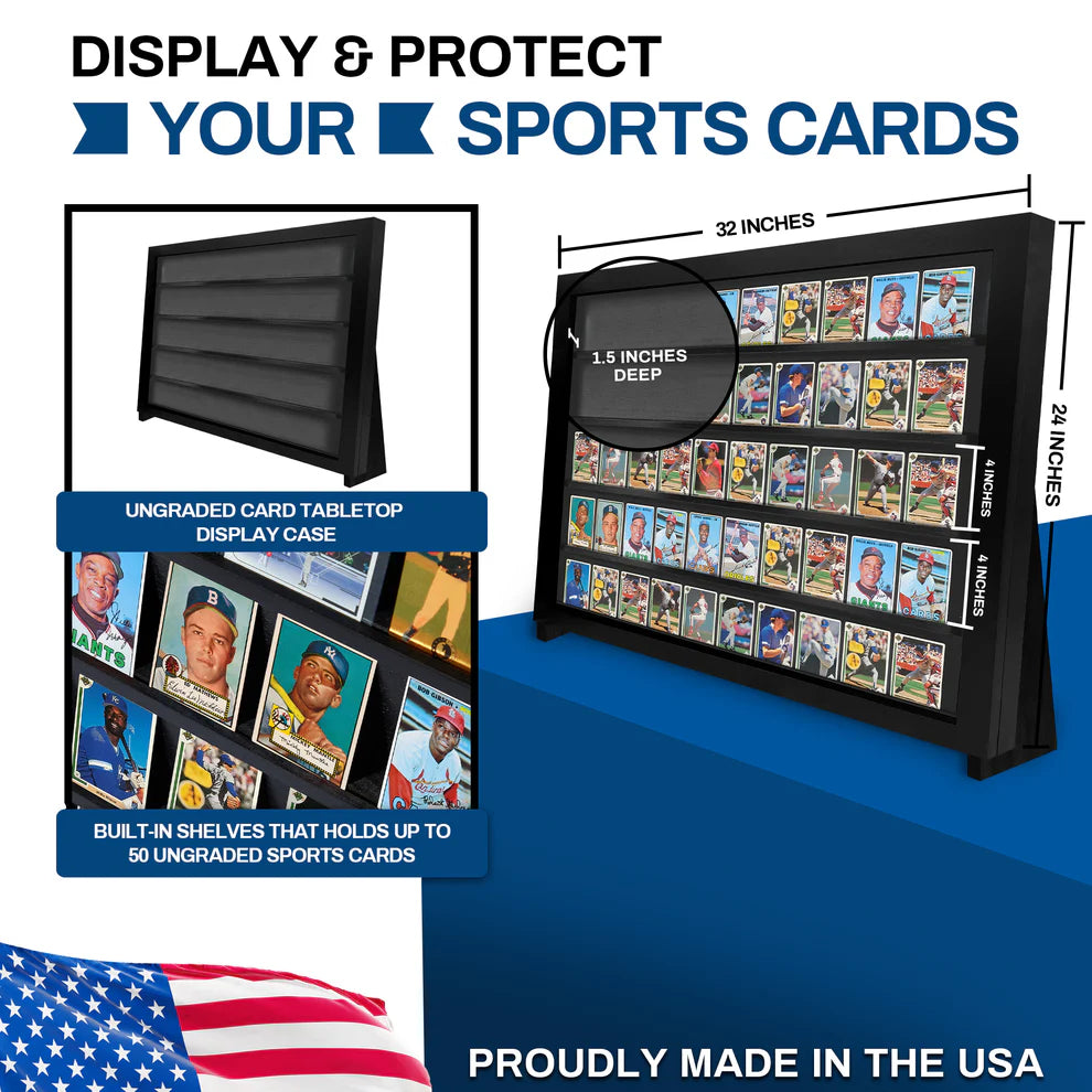 Black trading display case with multiple compartments for trading cards on a white background