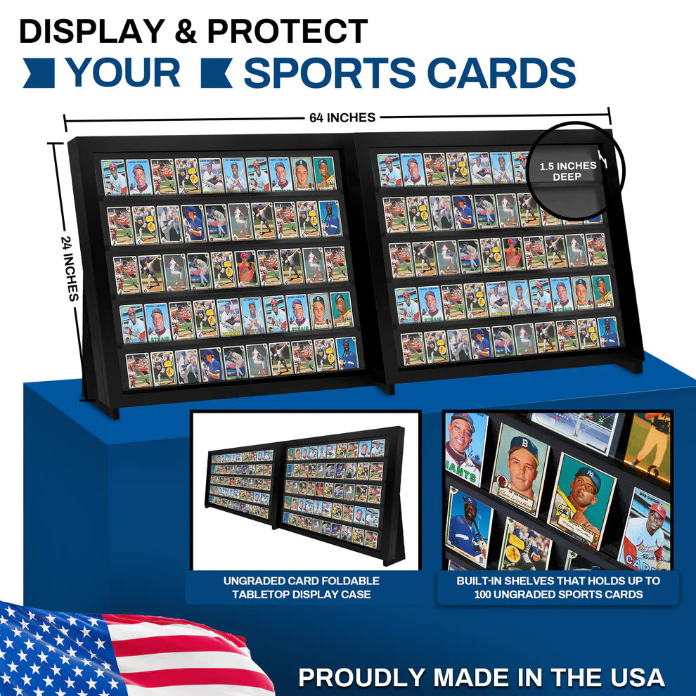 Sports card display case with dimensions and features highlighted, made in the USA.
