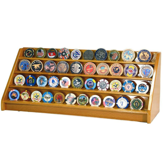 4 Row Challenge Coin / Casino Chip Display Rack Oak Wood