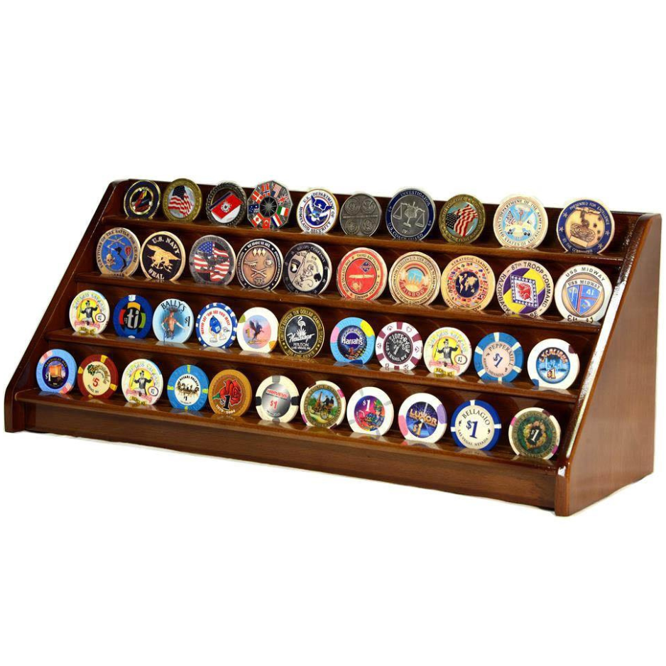 4 Row Challenge Coin / Casino Chip Display Rack Walnut Wood