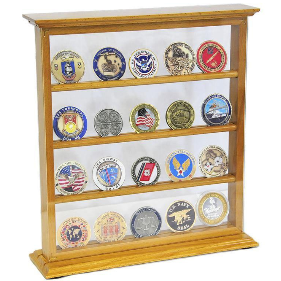 4 Shelves Military Challenge Coin Curio Stand Rack UV Protection Oak Wood