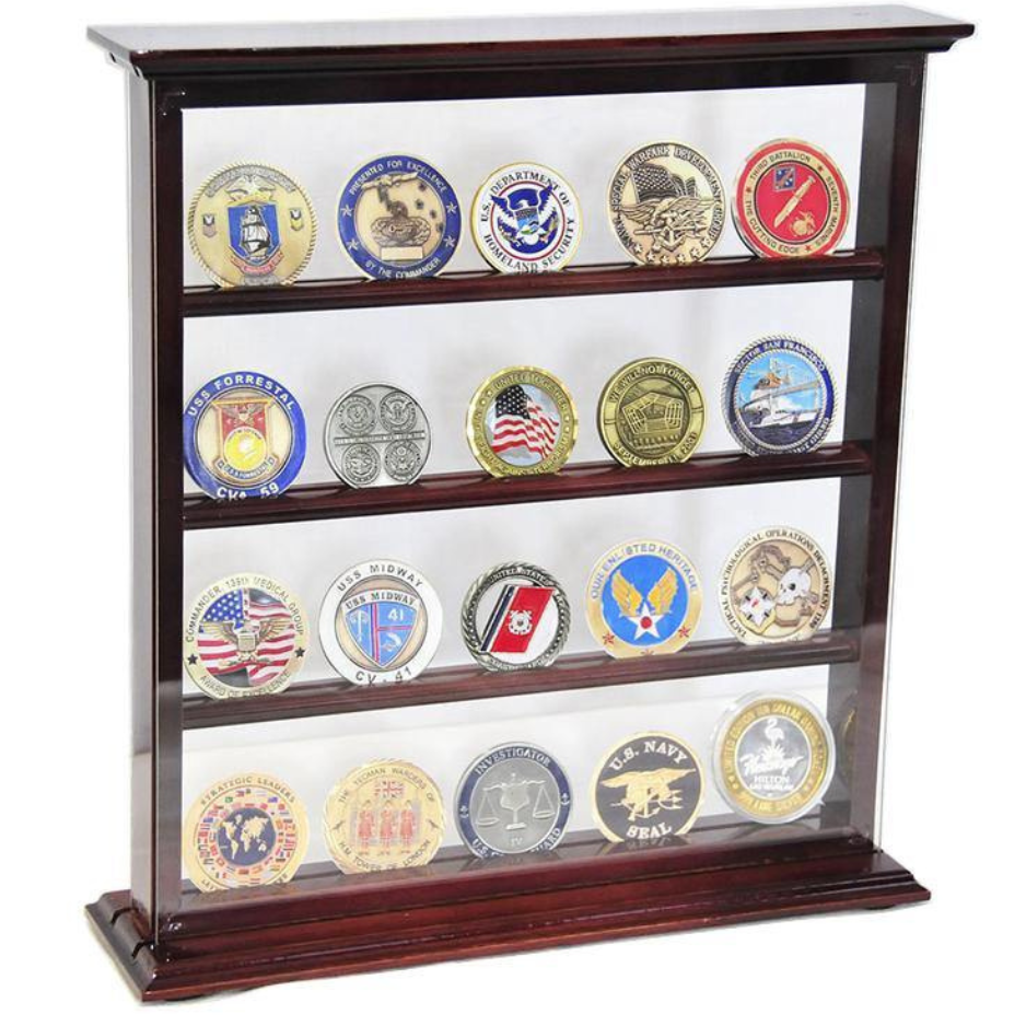 4 Shelves Military Challenge Coin Curio Stand Rack UV Protection Cherry Wood