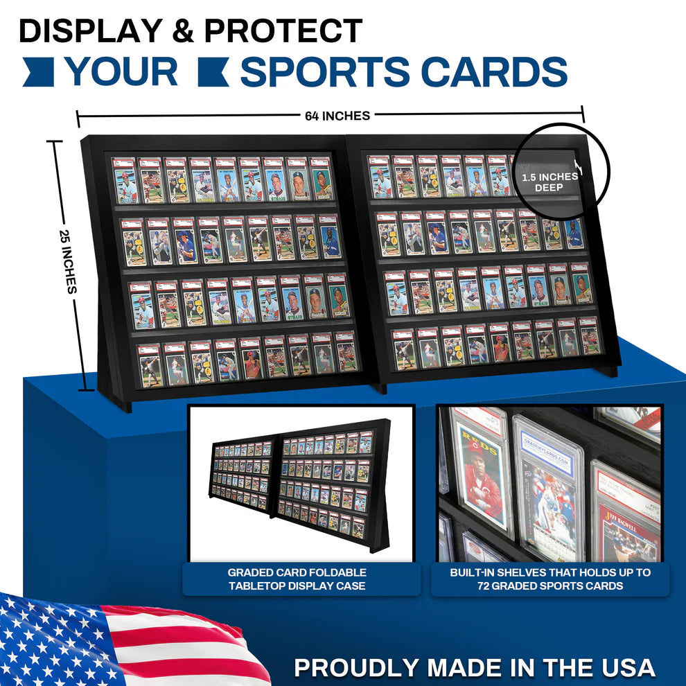 Sports card display case with dimensions and card holder capacity, made in the USA.