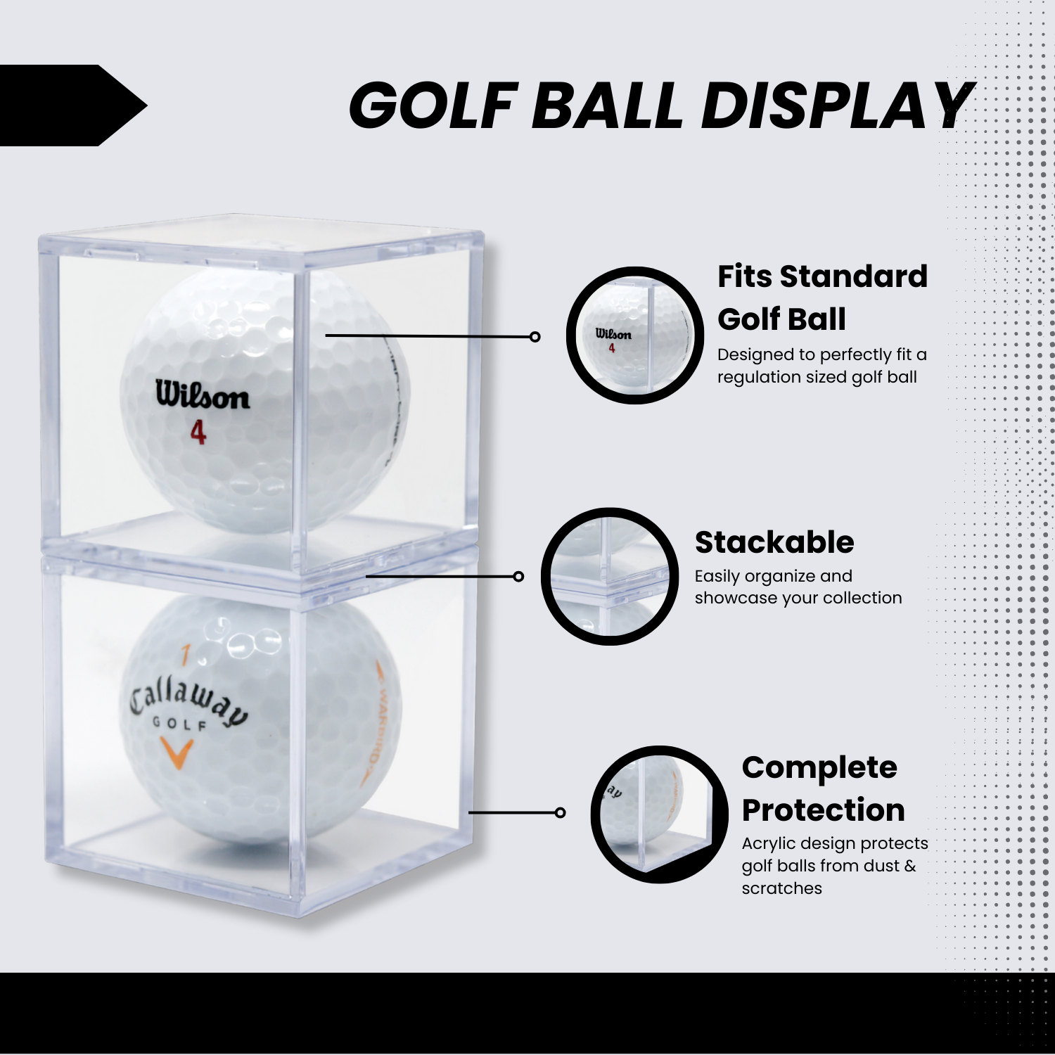 Single golf ball in a clear acrylic cube display case
