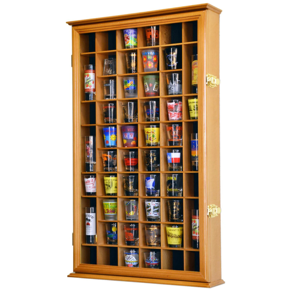 54 Shot Glass Display Case Cabinet UV Protection Oak Wood