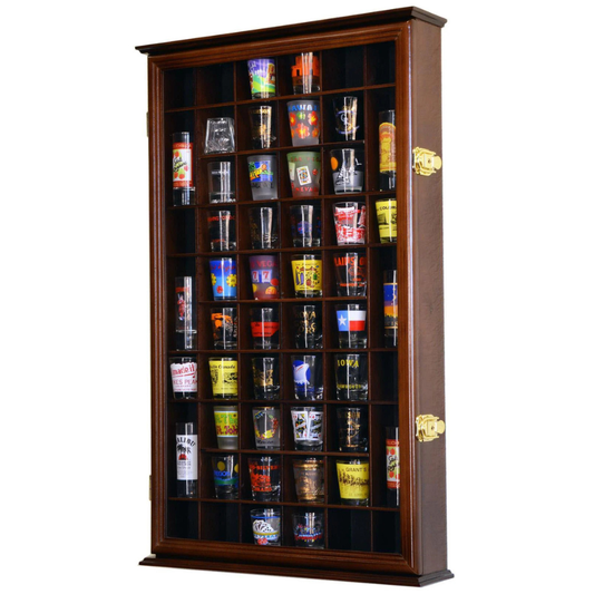 54 Shot Glass Display Case Cabinet UV Protection Walnut Wood
