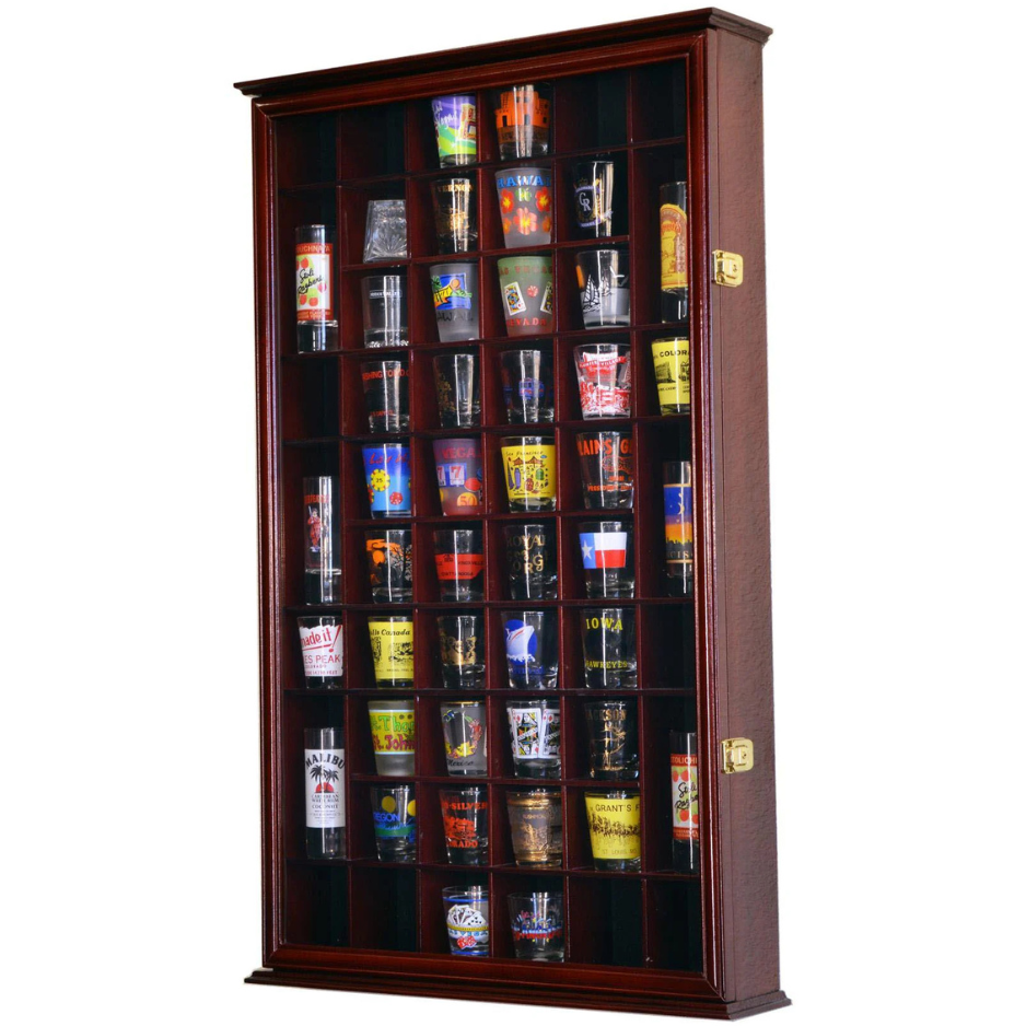 54 Shot Glass Display Case Cabinet UV Protection Cherry Wood
