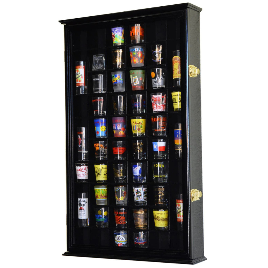 54 Shot Glass Display Case Cabinet UV Protection Black Wood