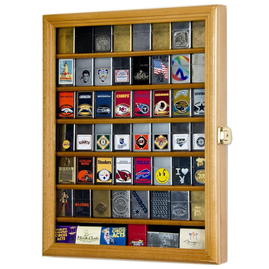 56 Lighter Zippo Display Case Cabinet UV Protection Oak Wood