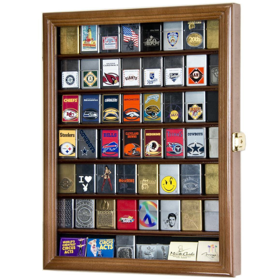 56 Lighter Zippo Display Case Cabinet UV Protection Walnut Wood