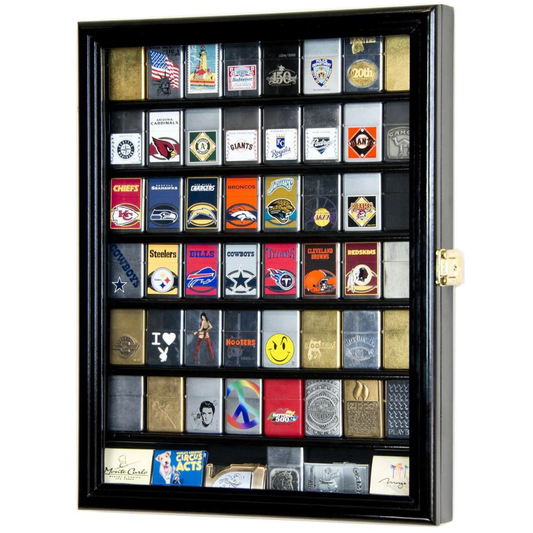 56 Lighter Zippo Display Case Cabinet UV Protection Black Wood