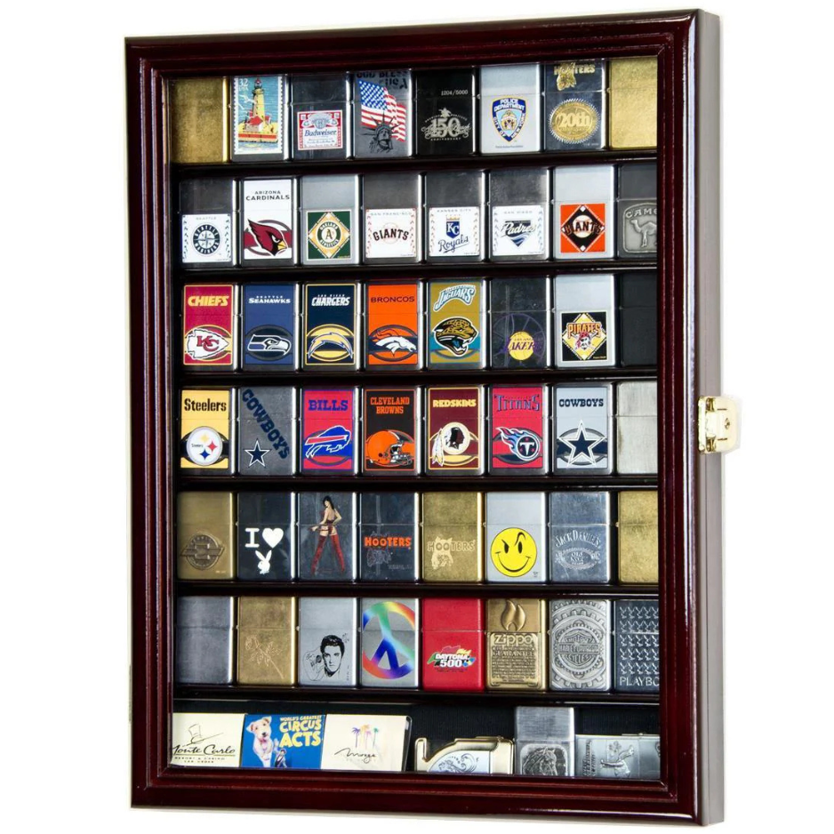 56 Lighter Zippo Display Case Cabinet UV Protection Cherry Wood