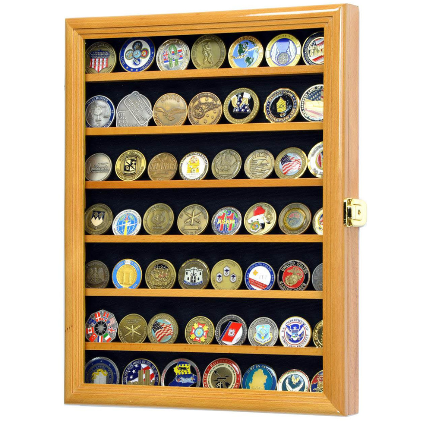 56 Military Challenge Coin Display Case Cabinet Oak UV Protection
