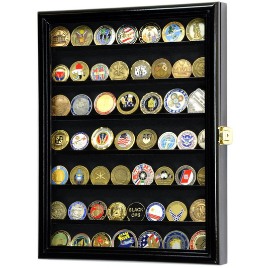 56 Military Challenge Coin Display Case Cabinet Black UV Protection