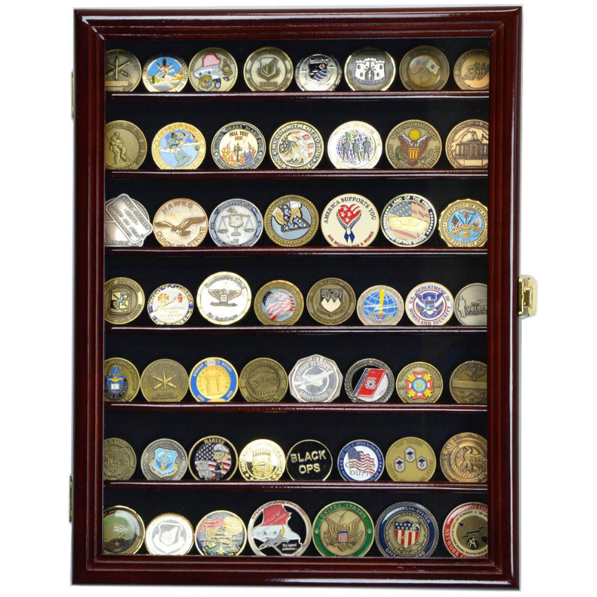 56 Military Challenge Coin Display Case Cabinet Cherry UV Protection