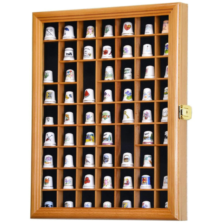 59 Opening Thimble / Small Miniature Display Case Cabinet UV Protection Oak Wood