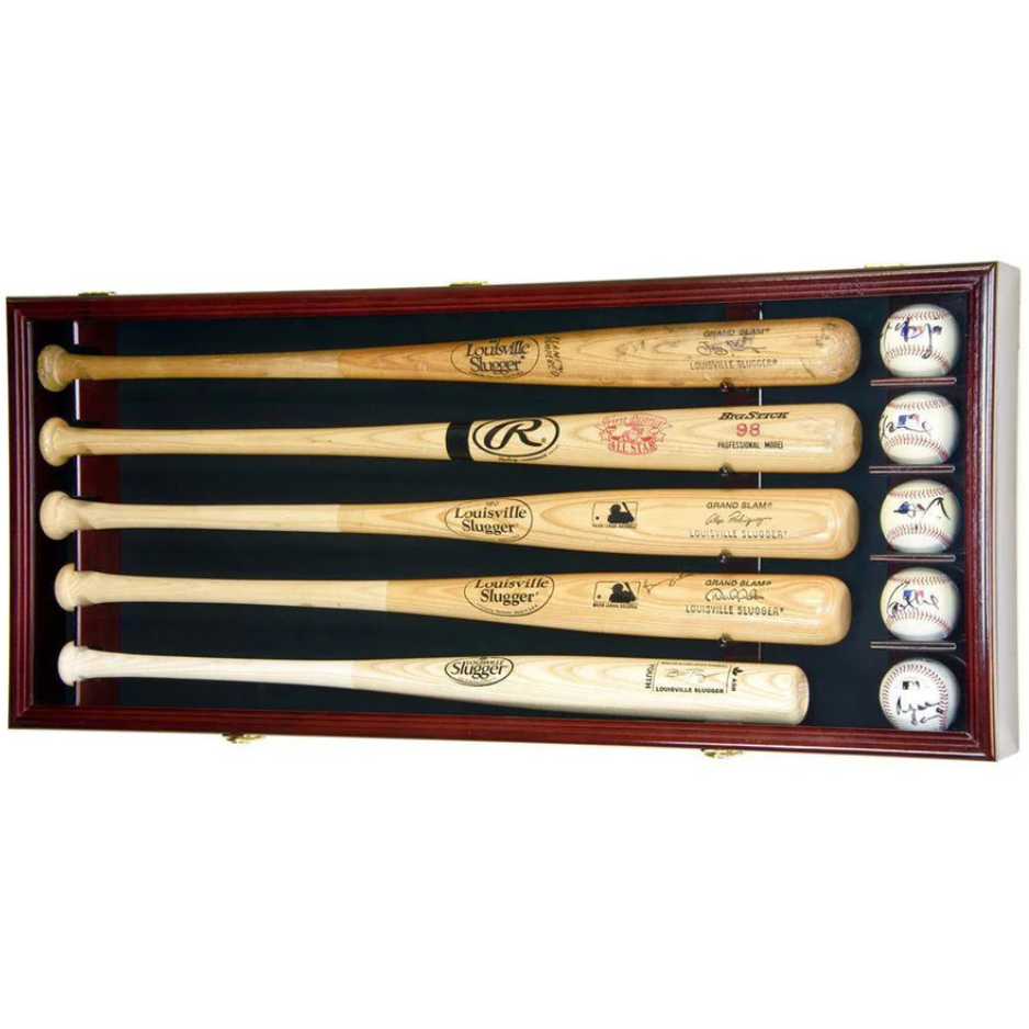 5 Baseball Bat Display Case Cabinet UV Protection Cherry Wood