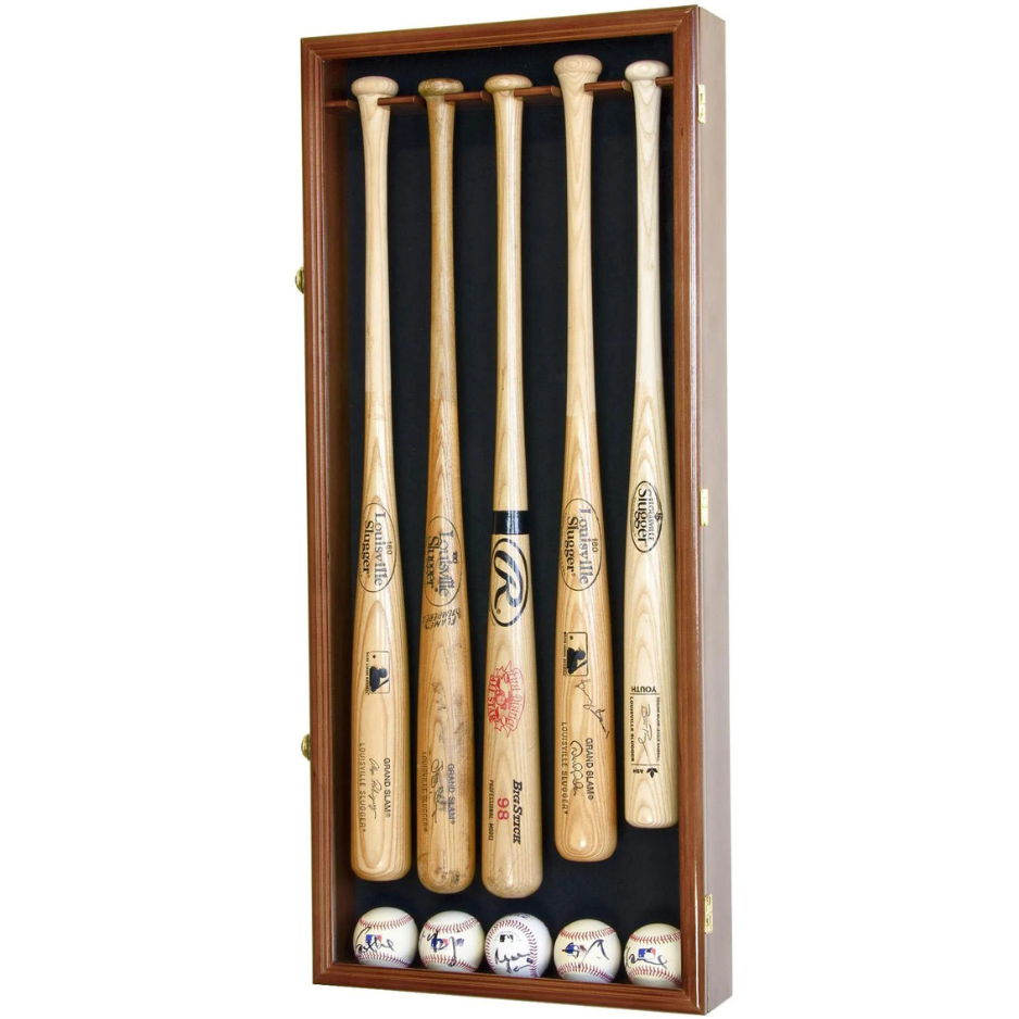5 Baseball Bat Display Case Cabinet UV Protection Walnut Wood