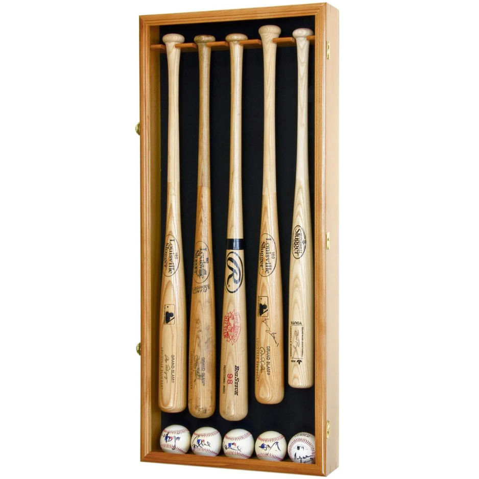 5 Baseball Bat Display Case Cabinet UV Protection Oak Wood