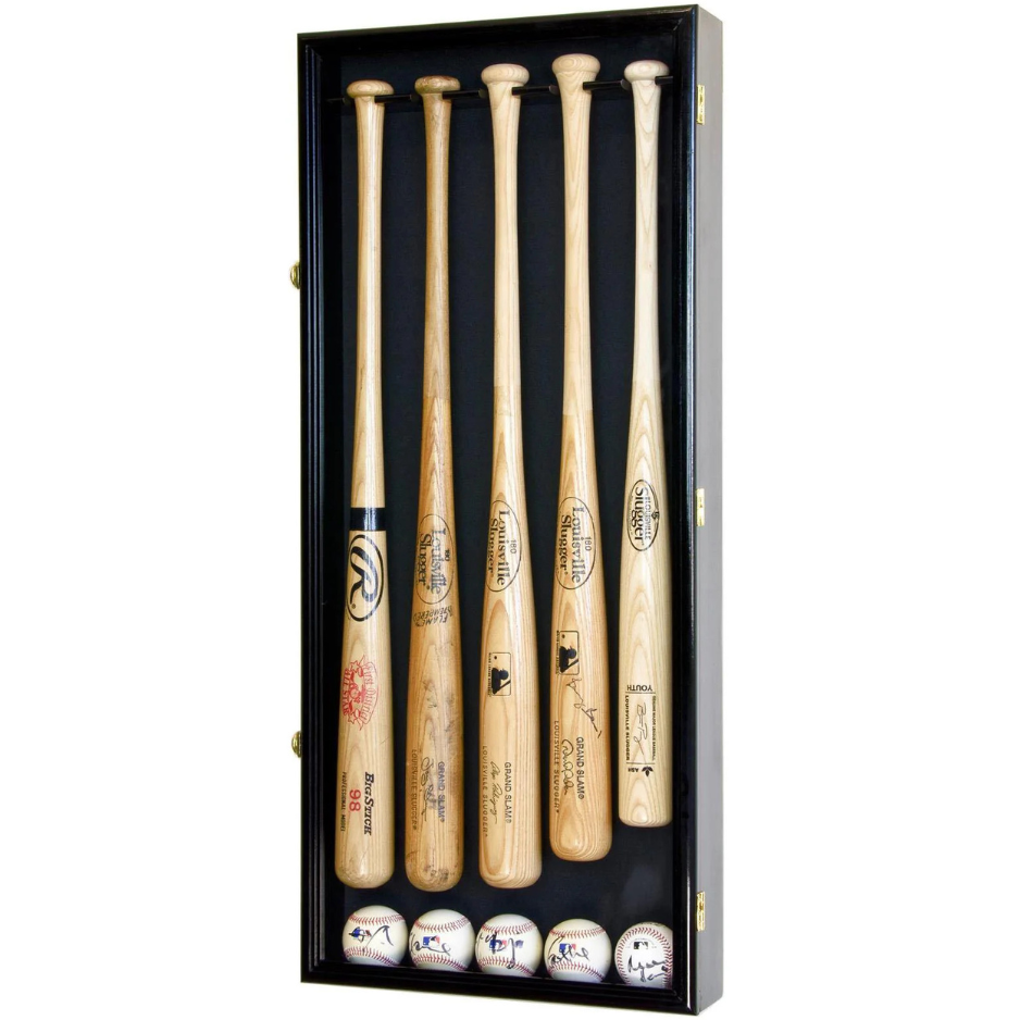 5 Baseball Bat Display Case Cabinet UV Protection Black Wood