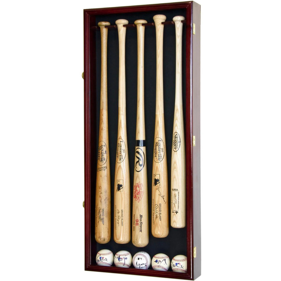 5 Baseball Bat Display Case Cabinet UV Protection Cherry Wood