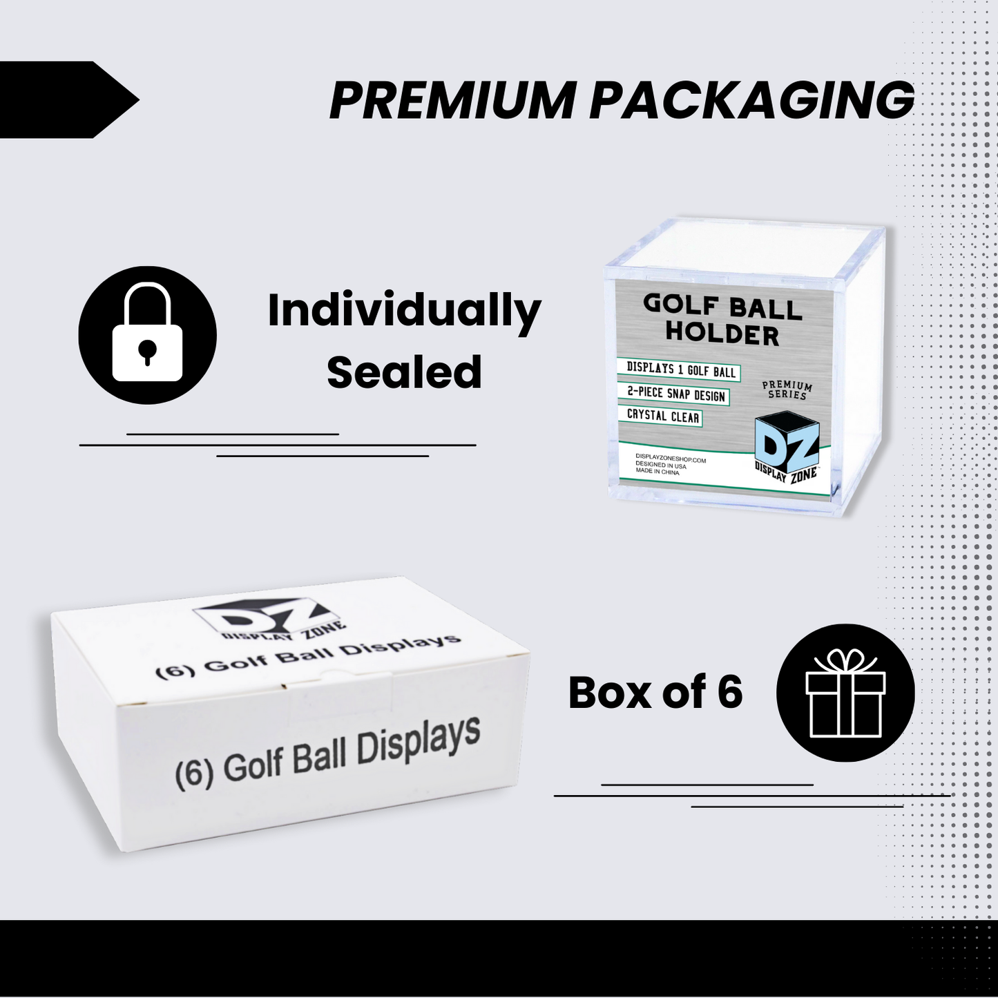 Single golf ball in a clear acrylic cube display case