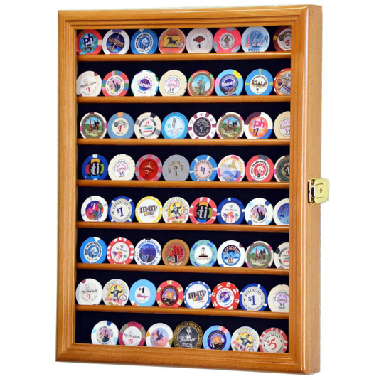 64 Casino Chip / Coin Display Case Cabinet UV Protection Oak Wood